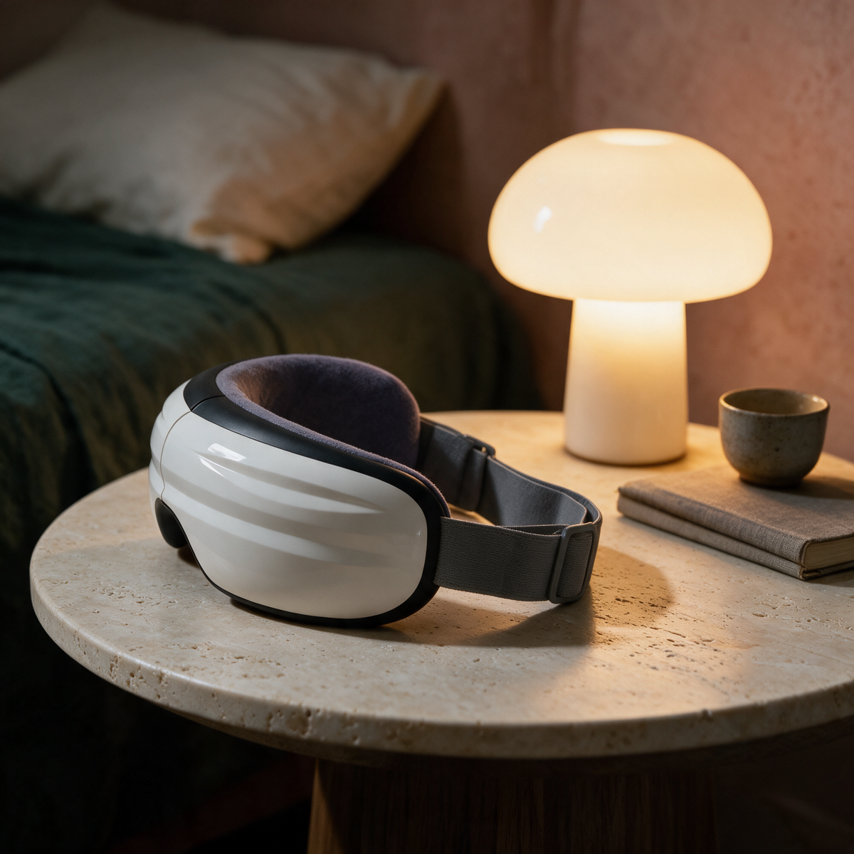The Nove Body Heated Eye Massager on a stone-topped side table next to a glowing mushroom lamp