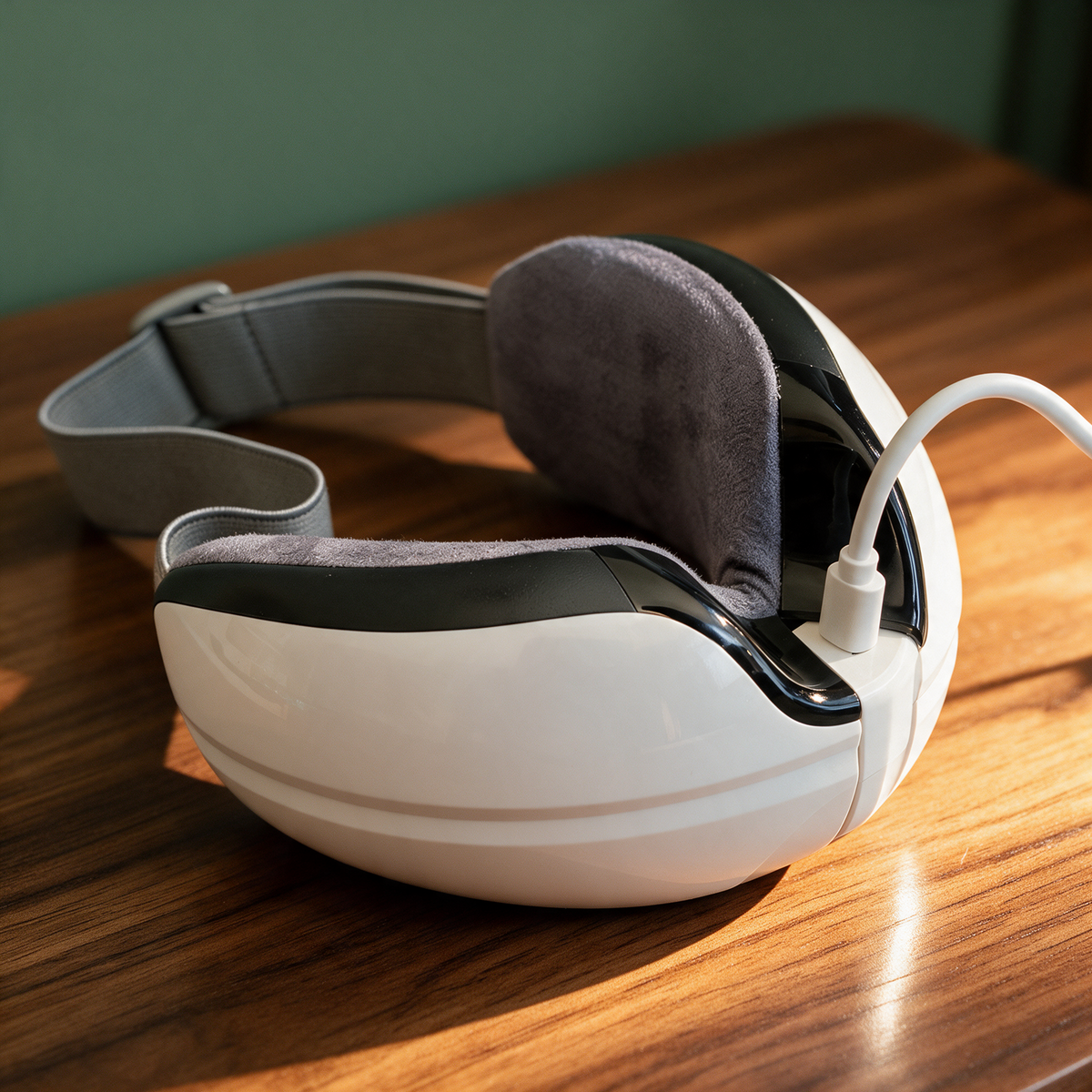 The Nove Body Heated Eye Massager turned upside down on a walnut table, charging through its micro-USB cable
