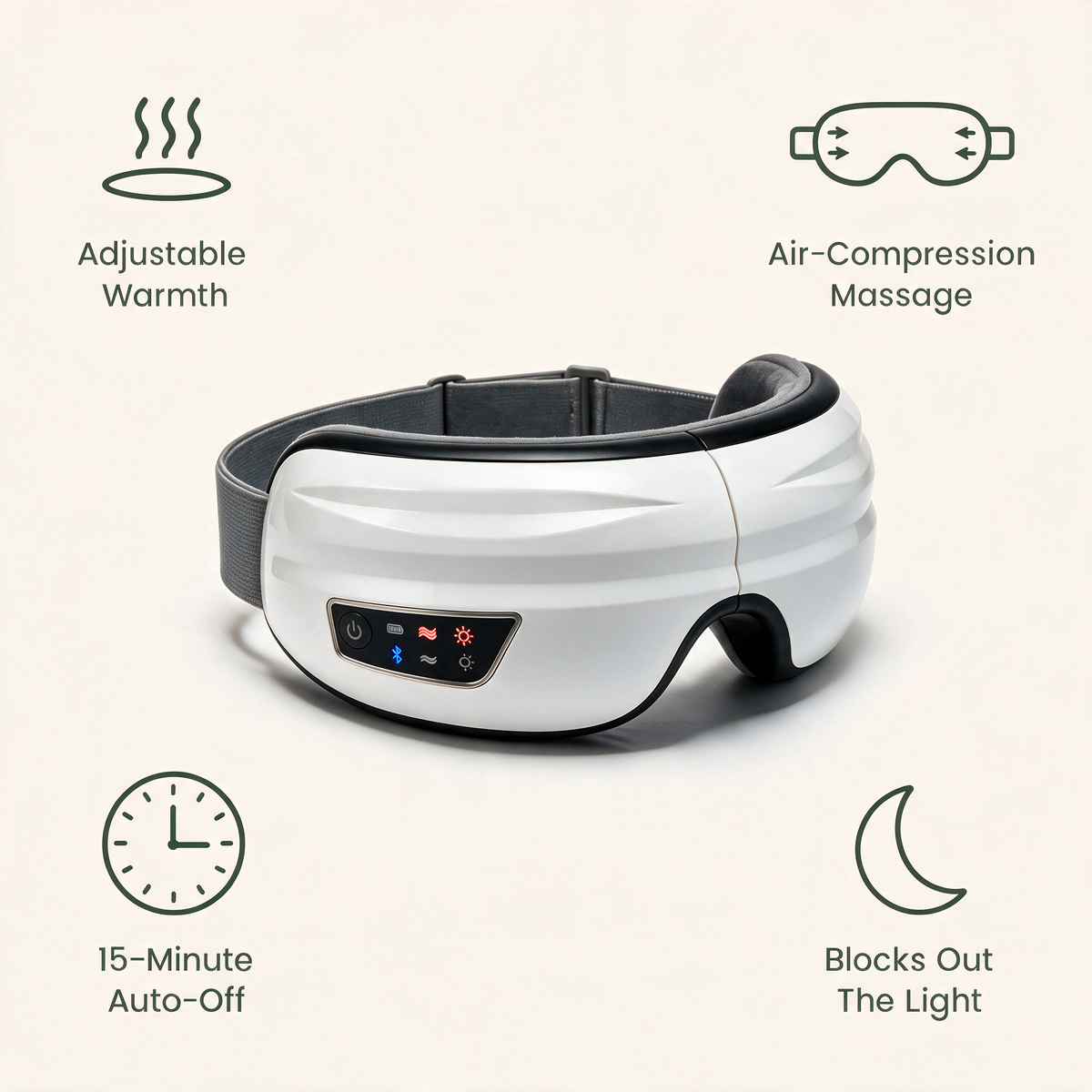 The Nove Body Heated Eye Massager on a cream background with four labelled features: warmth you can adjust, an air-compression massage, a 15-minute timer that switches it off, and blocking out light
