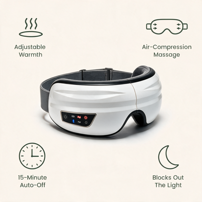 The Nove Body Heated Eye Massager on a cream background with four labelled features: warmth you can adjust, an air-compression massage, a 15-minute timer that switches it off, and blocking out light
