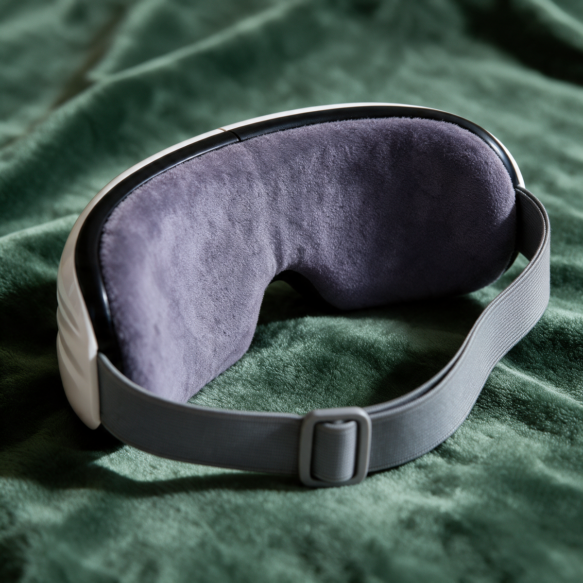 Close-up of the grey plush lining inside the Nove Body Heated Eye Massager, lying on a green velvet throw