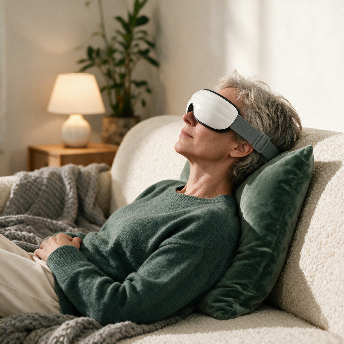 A woman stretched out on a cream sofa with her head on a green cushion, wearing the Nove Body Heated Eye Massager
