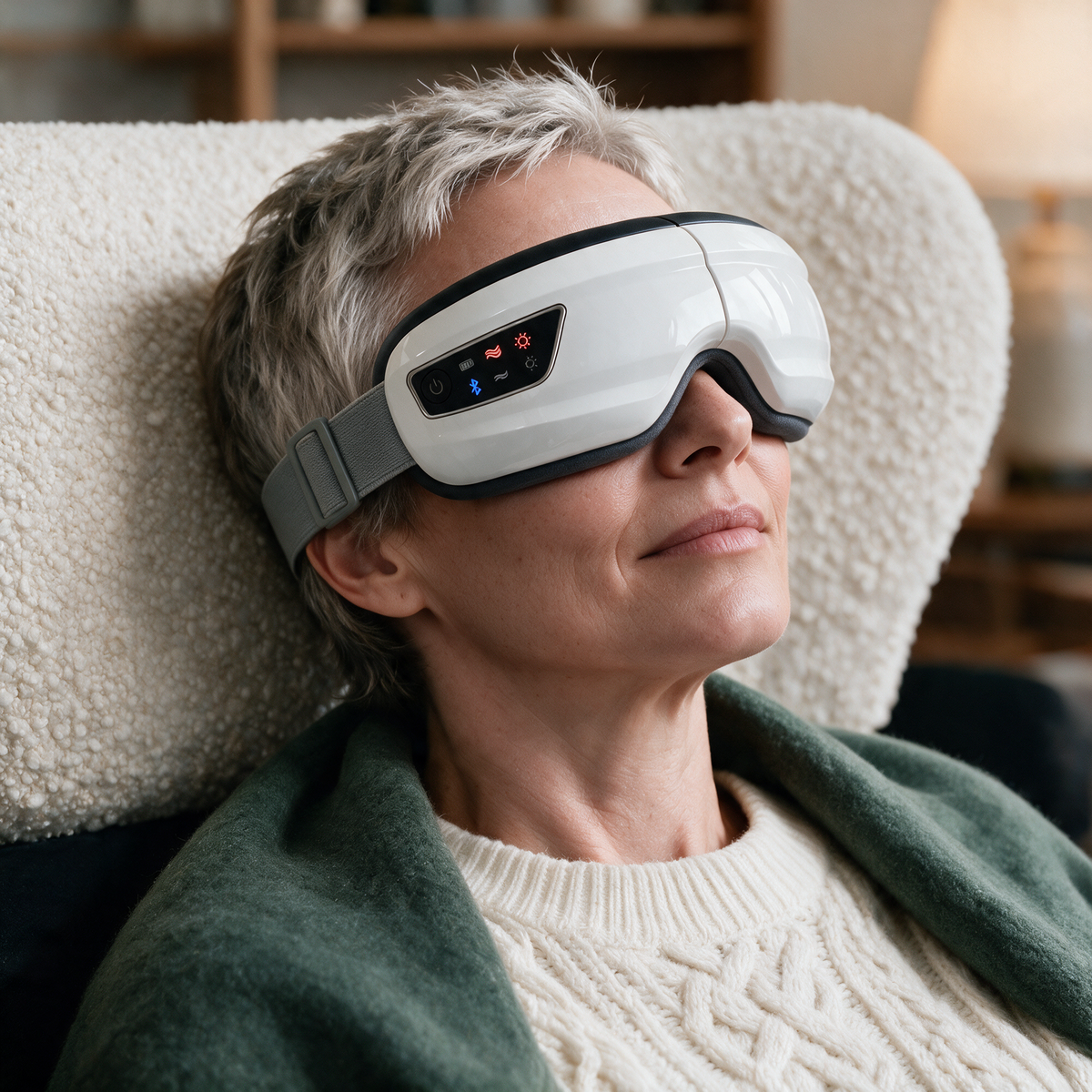 A woman leaning back in a cream armchair wearing the Nove Body Heated Eye Massager, its control panel lit