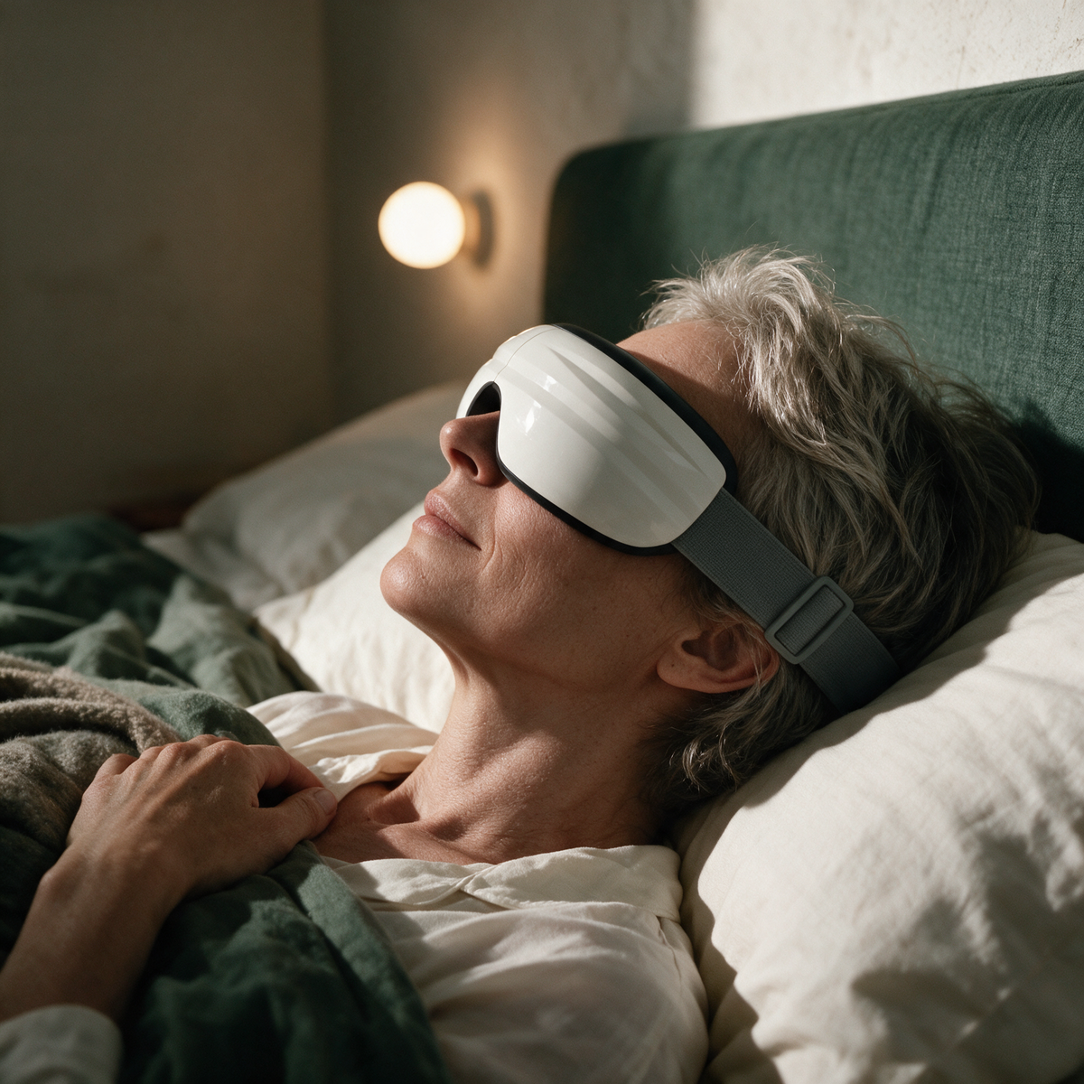 A woman resting in bed under a green duvet, wearing the Nove Body Heated Eye Massager