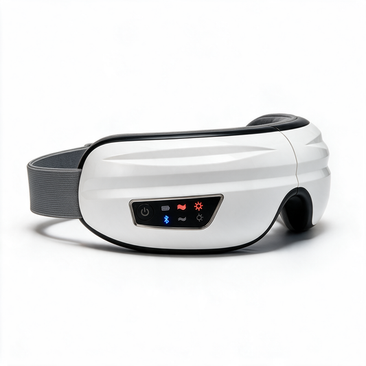 The white Nove Body Heated Eye Massager at a three-quarter angle, its heat, massage and Bluetooth lights on